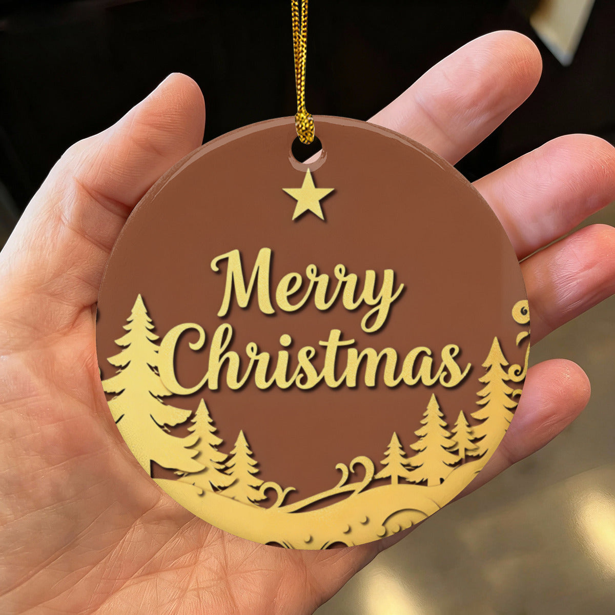 Golden Merry Christmas Ceramic Ornament with Gold String