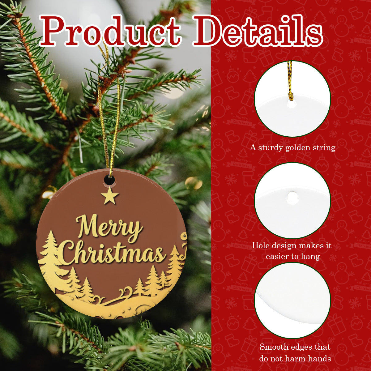 Golden Merry Christmas Ceramic Ornament with Gold String