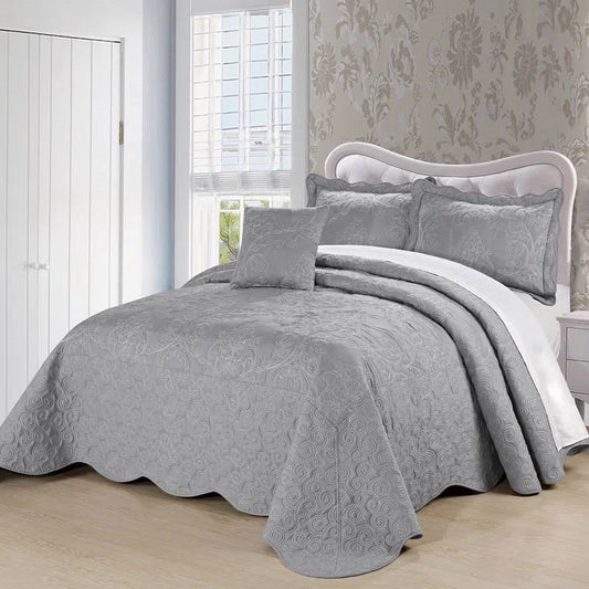 Juego de colcha Queen size de 4 piezas extragrande bordada con damasco gris ceniza