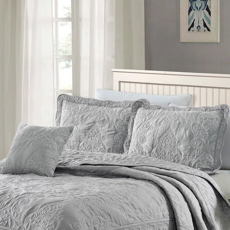 Juego de colcha Queen size de 4 piezas extragrande bordada con damasco gris ceniza