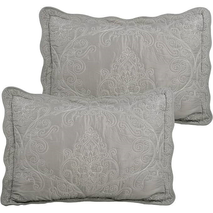 Juego de colcha Queen size de 4 piezas extragrande bordada con damasco gris ceniza