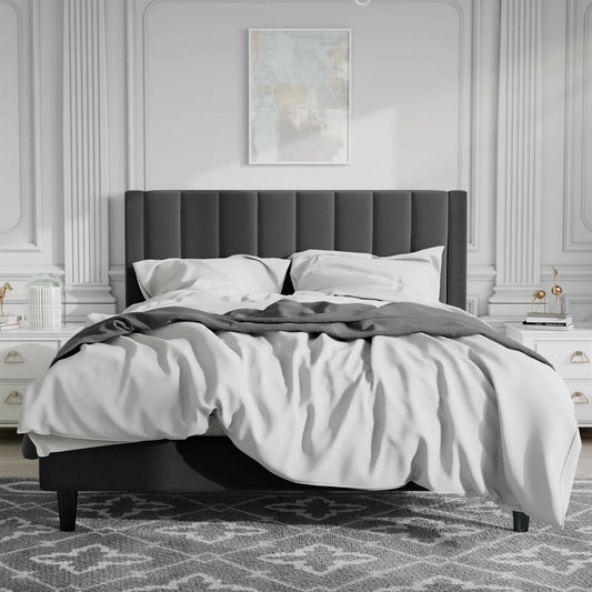 Base de cama tipo plataforma tapizada en terciopelo negro tamaño Queen con cabecera