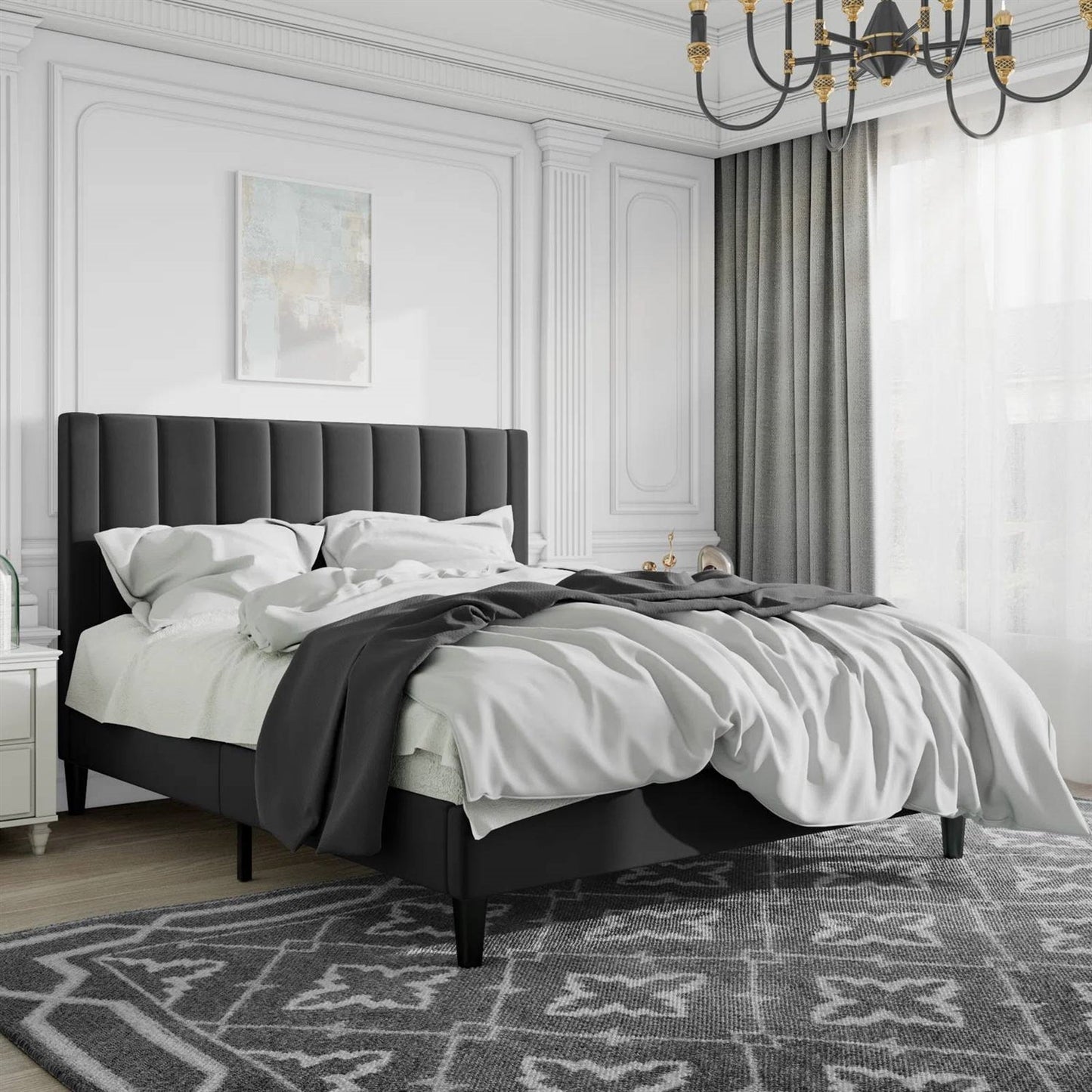 Base de cama tipo plataforma tapizada en terciopelo negro tamaño Queen con cabecera