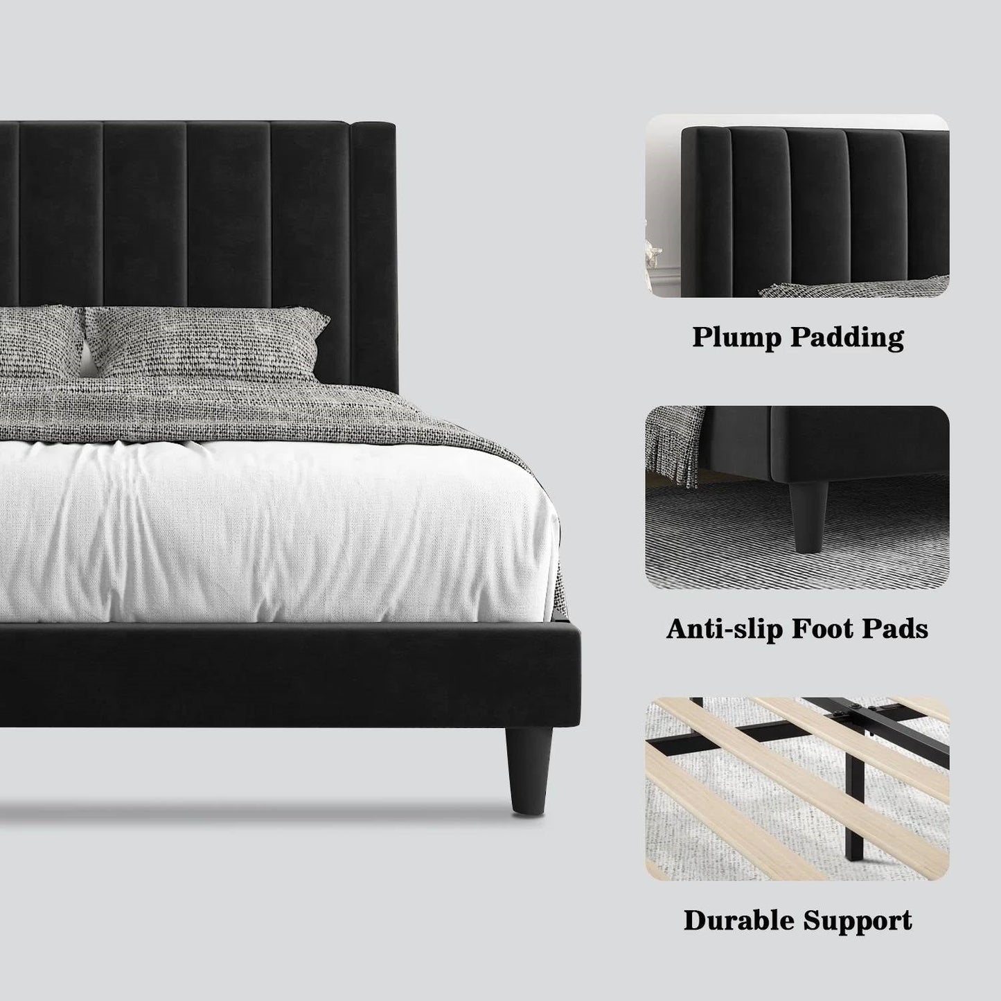 Base de cama tipo plataforma tapizada en terciopelo negro tamaño Queen con cabecera