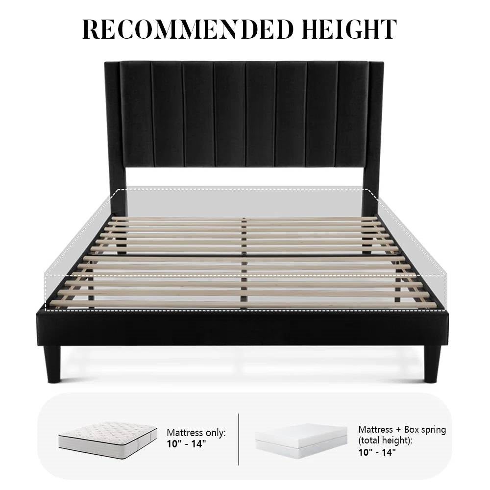 Base de cama tipo plataforma tapizada en terciopelo negro tamaño Queen con cabecera