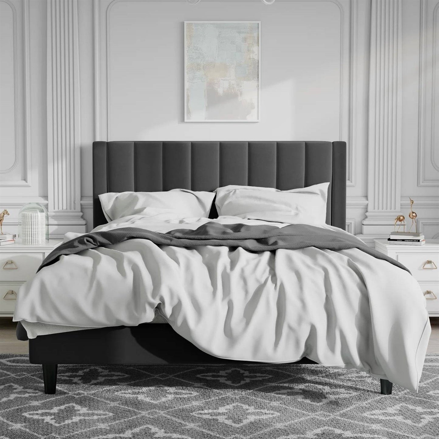 Cama de plataforma tamaño queen moderna tapizada en terciopelo negro con cabecera