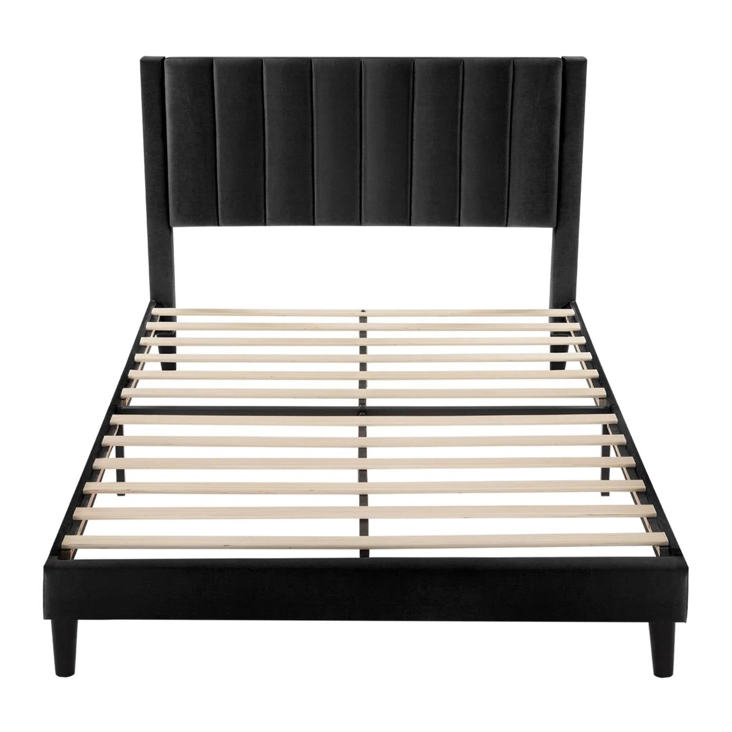 Cama de plataforma tamaño queen moderna tapizada en terciopelo negro con cabecera