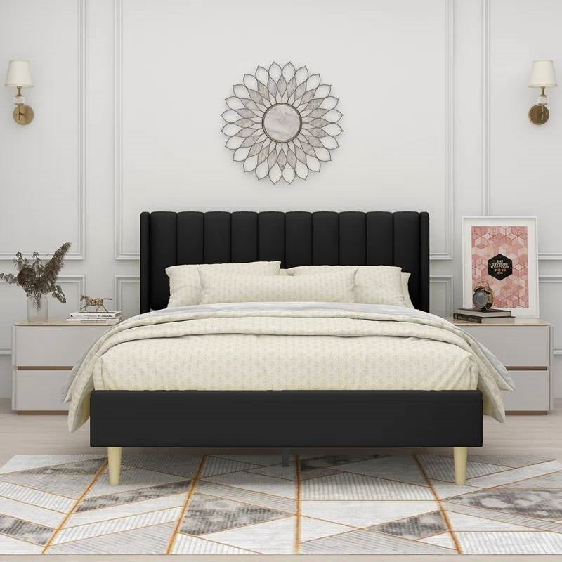 Base de cama con plataforma de lino negro tamaño Queen, estilo Mid-Century, con cabecera tapizada