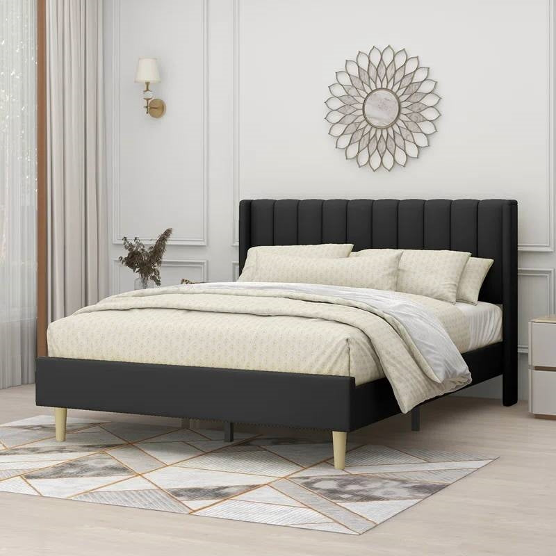 Base de cama con plataforma de lino negro tamaño Queen, estilo Mid-Century, con cabecera tapizada