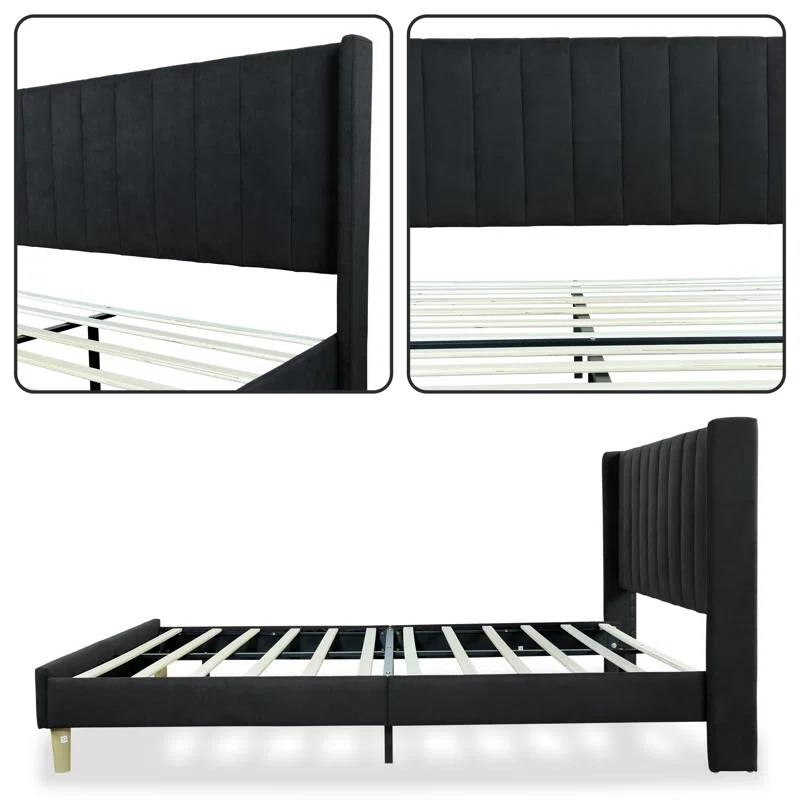 Base de cama con plataforma de lino negro tamaño Queen, estilo Mid-Century, con cabecera tapizada