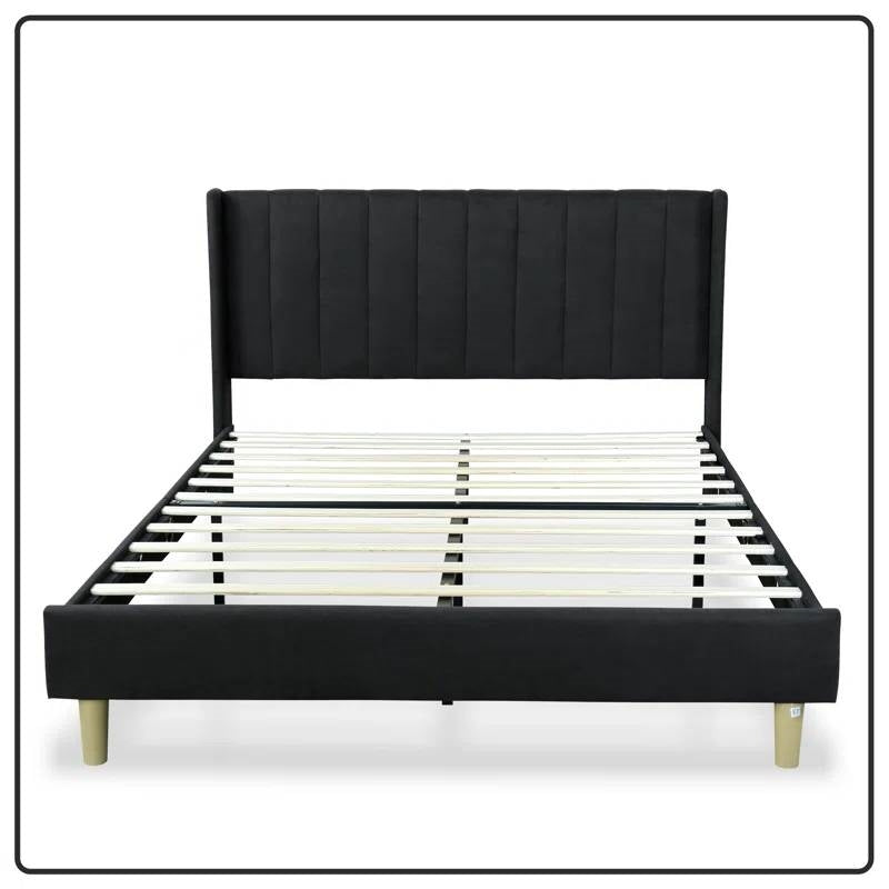 Base de cama con plataforma de lino negro tamaño Queen, estilo Mid-Century, con cabecera tapizada
