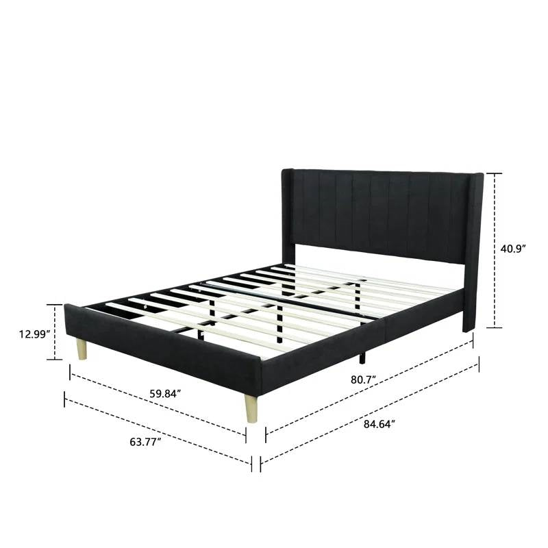 Base de cama con plataforma de lino negro tamaño Queen, estilo Mid-Century, con cabecera tapizada