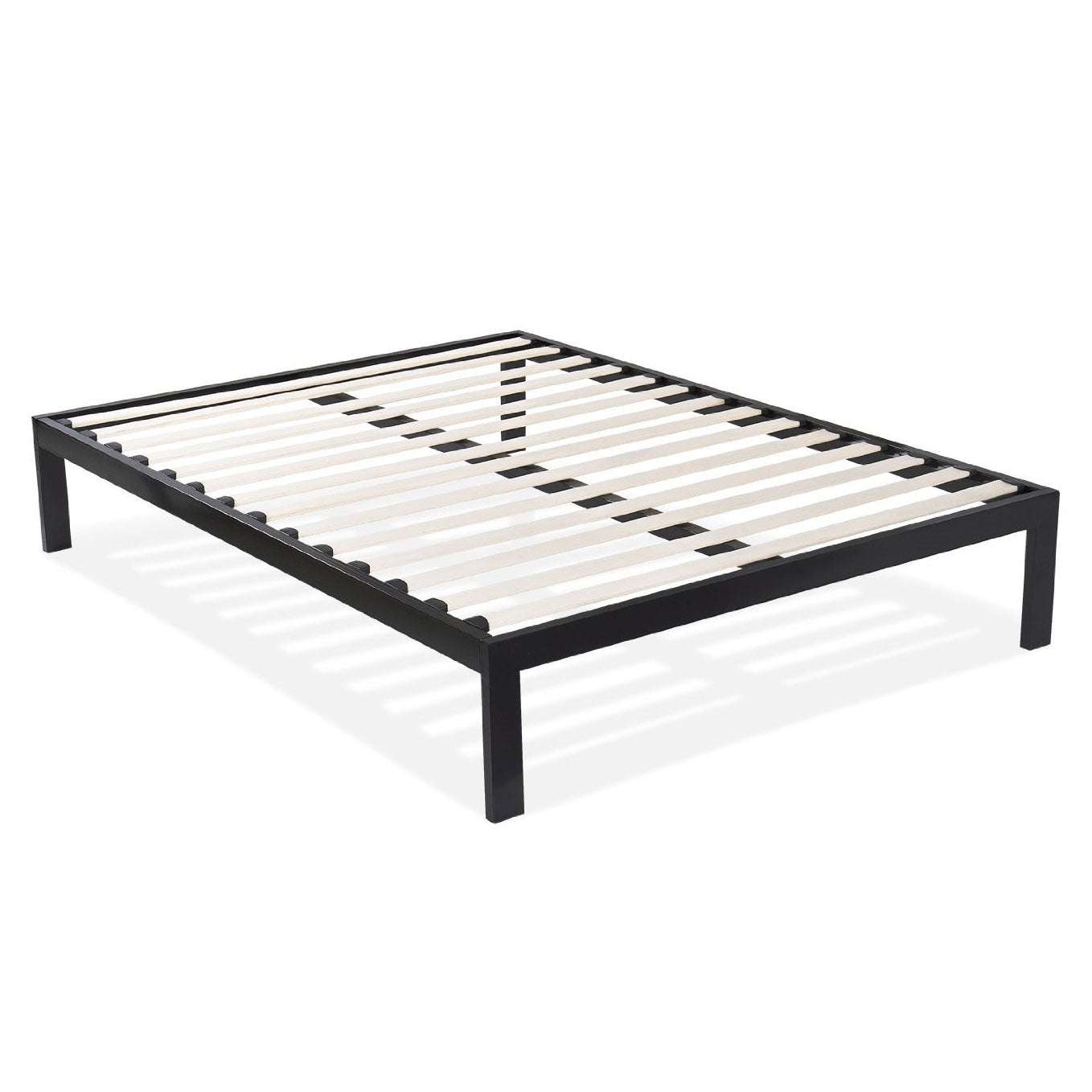 Base de cama de plataforma moderna Queen de metal negro con listones de madera
