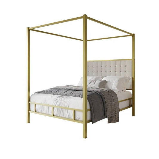 Cama Queen Size con dosel de metal dorado y cabecero tapizado con botones
