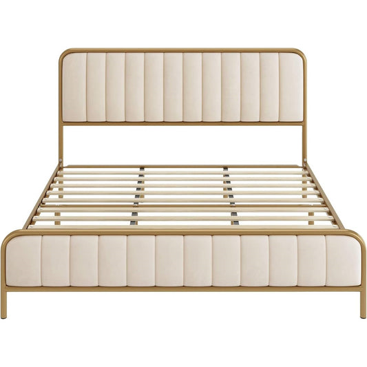 Estructura de cama de plataforma Queen size de metal dorado con cabecero tapizado en blanco roto