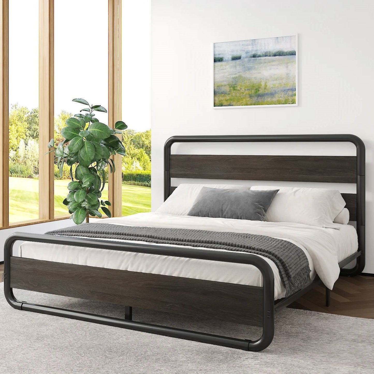 Cama Queen de plataforma con marco de metal resistente y cabecero de panel de madera negra