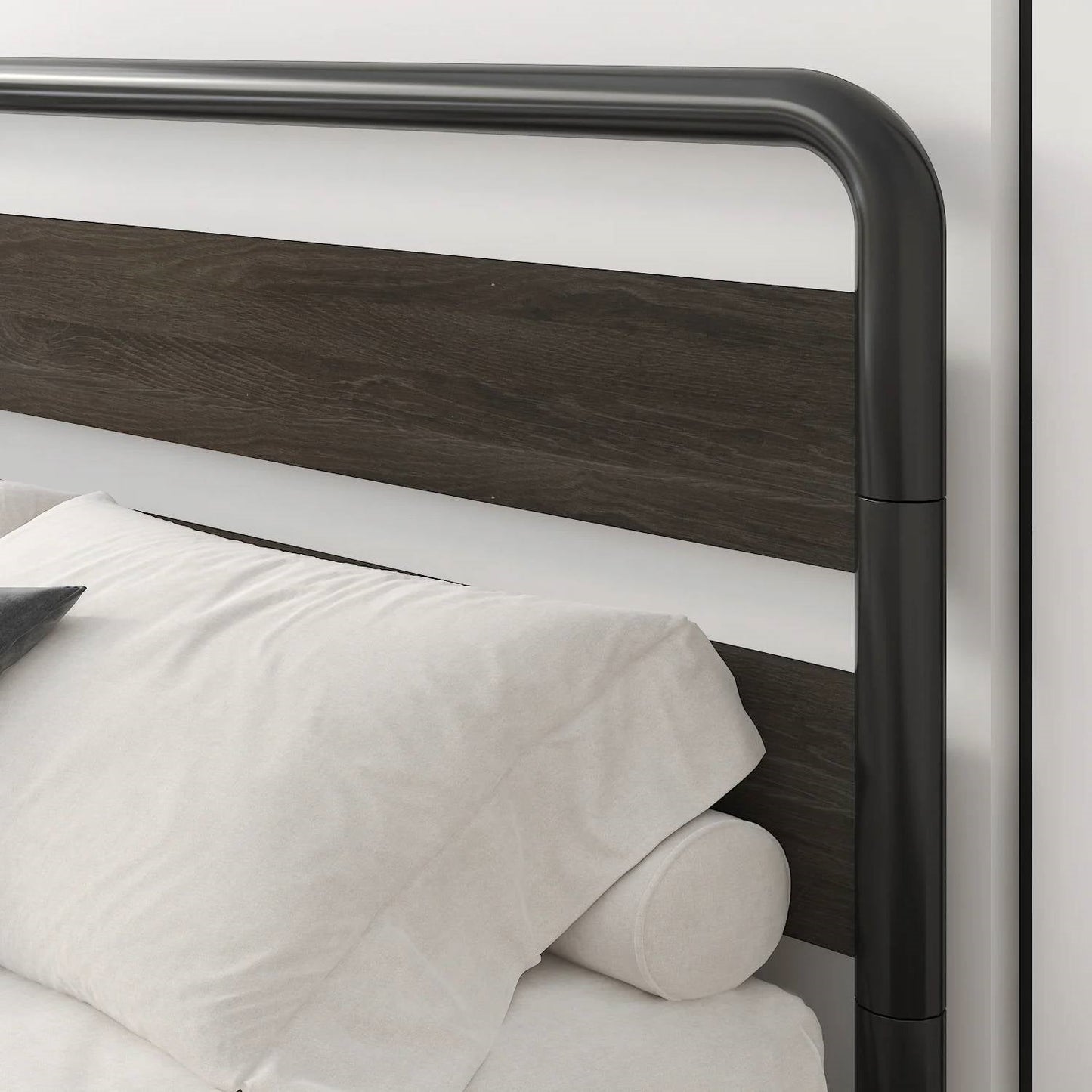 Cama Queen de plataforma con marco de metal resistente y cabecero de panel de madera negra