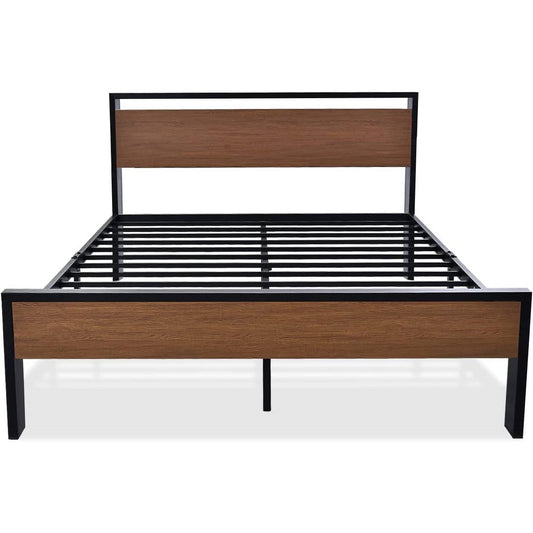 Cama Queen de plataforma metálica con cabecero y piecero de madera con acabado de nogal