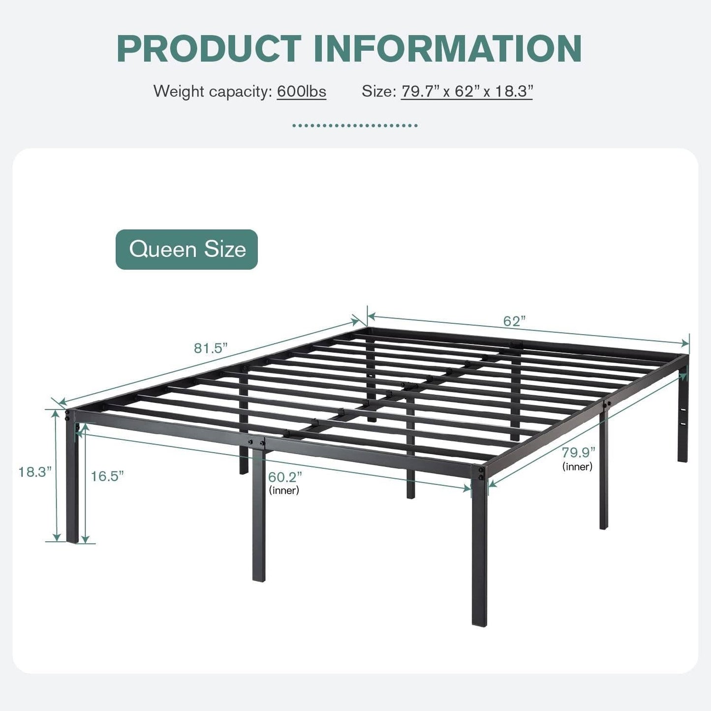 Base de cama tipo plataforma metálica tamaño Queen de 18 pulgadas con espacio de almacenamiento debajo de la cama
