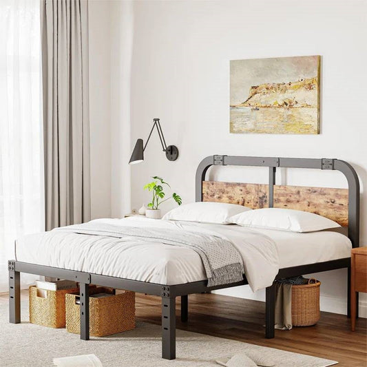 Estructura de cama Queen de metal negro de alta resistencia con cabecero de panel de madera maciza