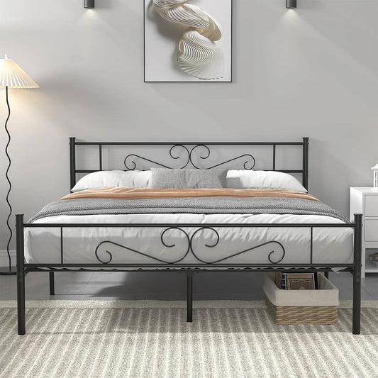 Base de cama de plataforma de metal resistente Queen con cabecero y pie de cama en acabado negro