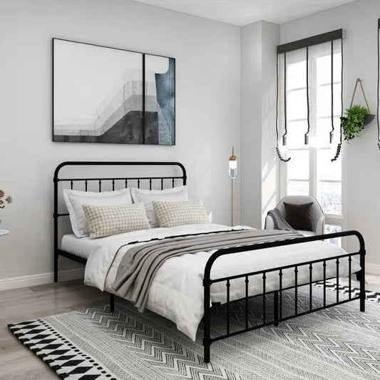 Base de cama Queen Classic Farmhouse de metal negro con cabecero y piecero redondeados