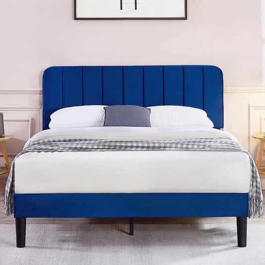 Cama de plataforma tapizada azul tamaño queen con cabecero