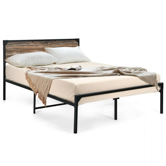 Cama de plataforma rústica FarmHome de metal y madera, tamaño Queen