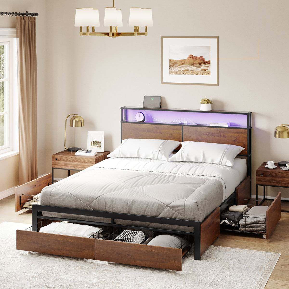 Cama de plataforma tamaño Queen con cabecero y cajones de almacenamiento en acabado de madera marrón