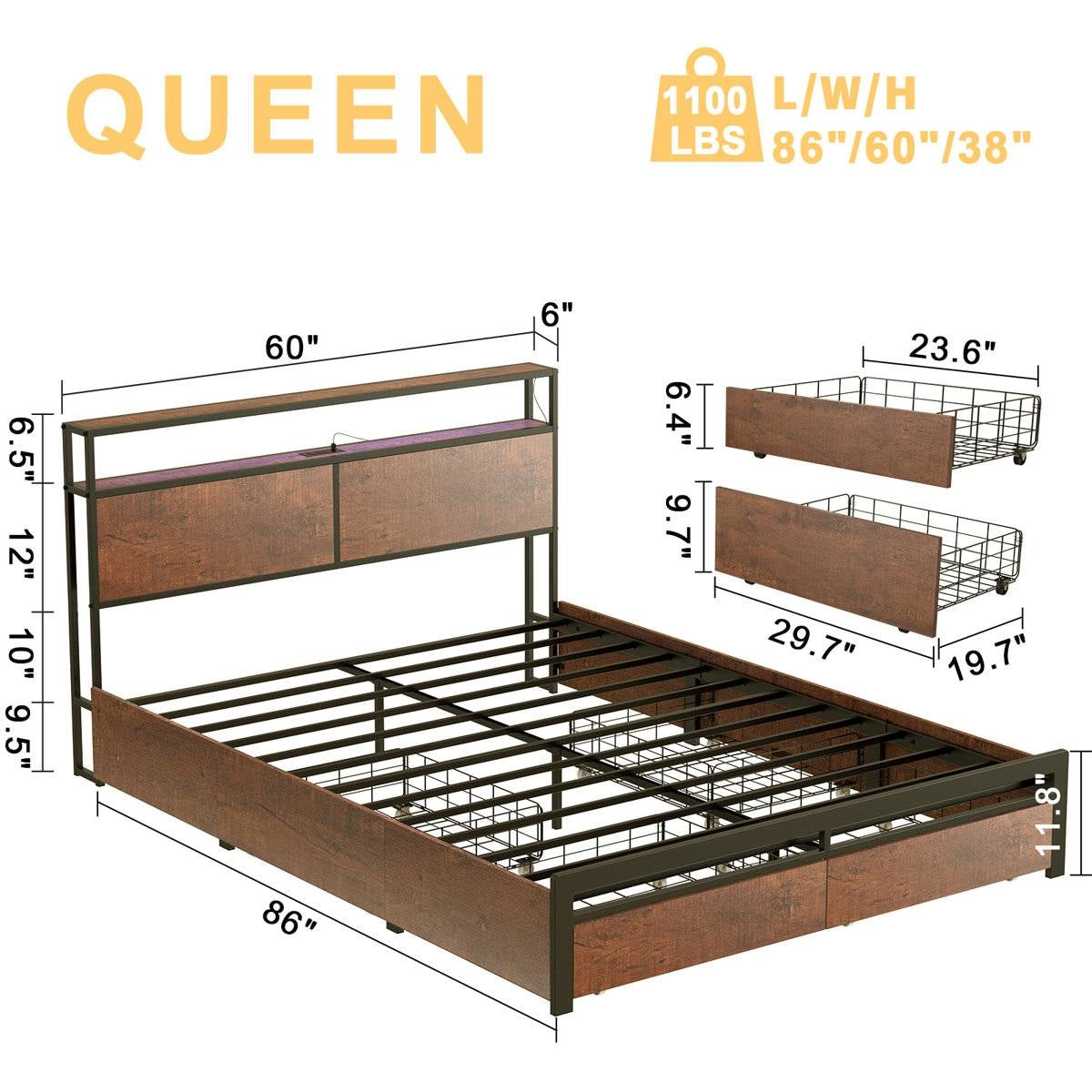 Cama de plataforma tamaño Queen con cabecero y cajones de almacenamiento en acabado de madera marrón