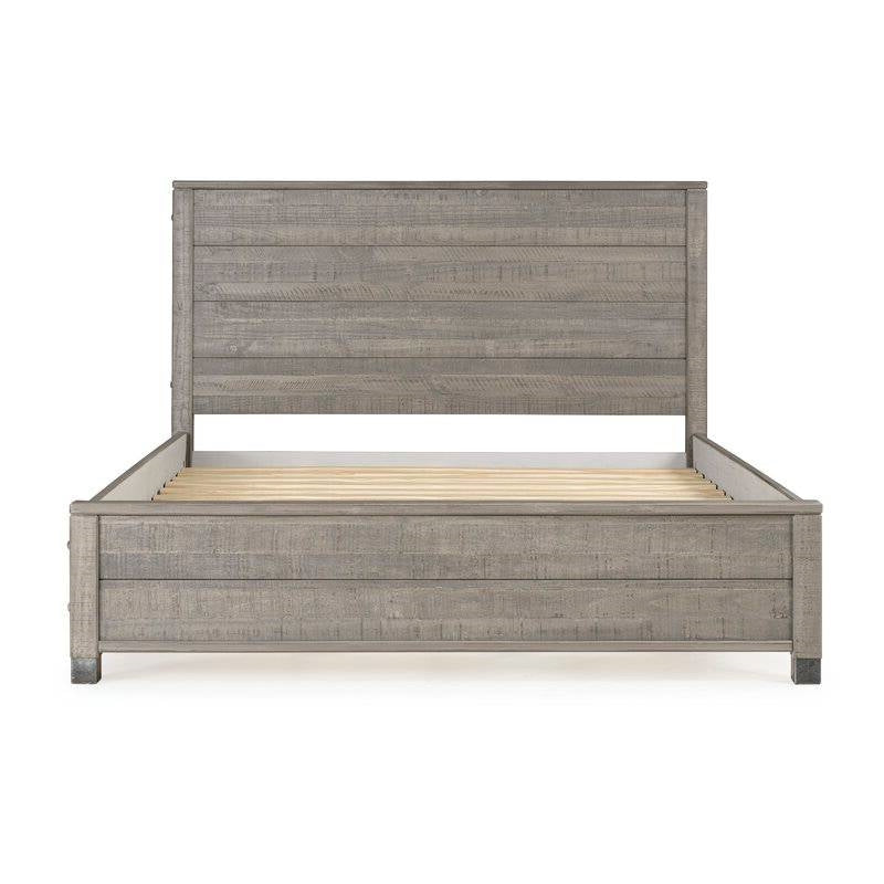 Base de cama de plataforma de madera maciza Queen con cabecero en acabado de madera gris