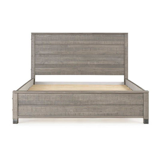 Base de cama de plataforma de madera maciza Queen con cabecero en acabado de madera gris