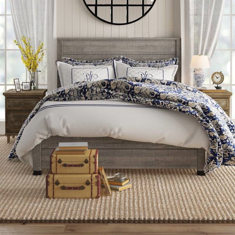 Base de cama de plataforma de madera maciza Queen con cabecero en acabado de madera gris