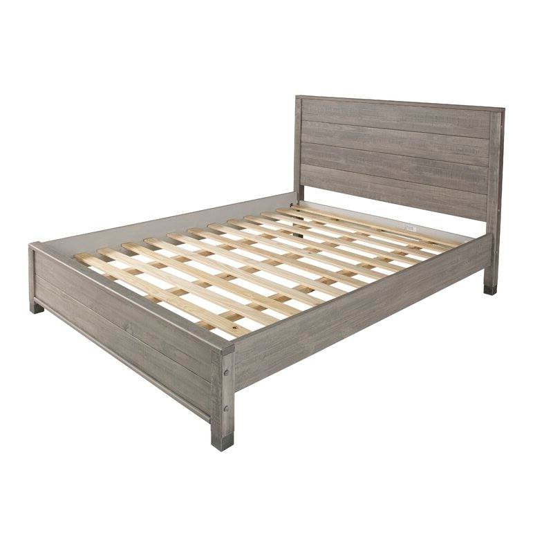 Base de cama de plataforma de madera maciza Queen con cabecero en acabado de madera gris
