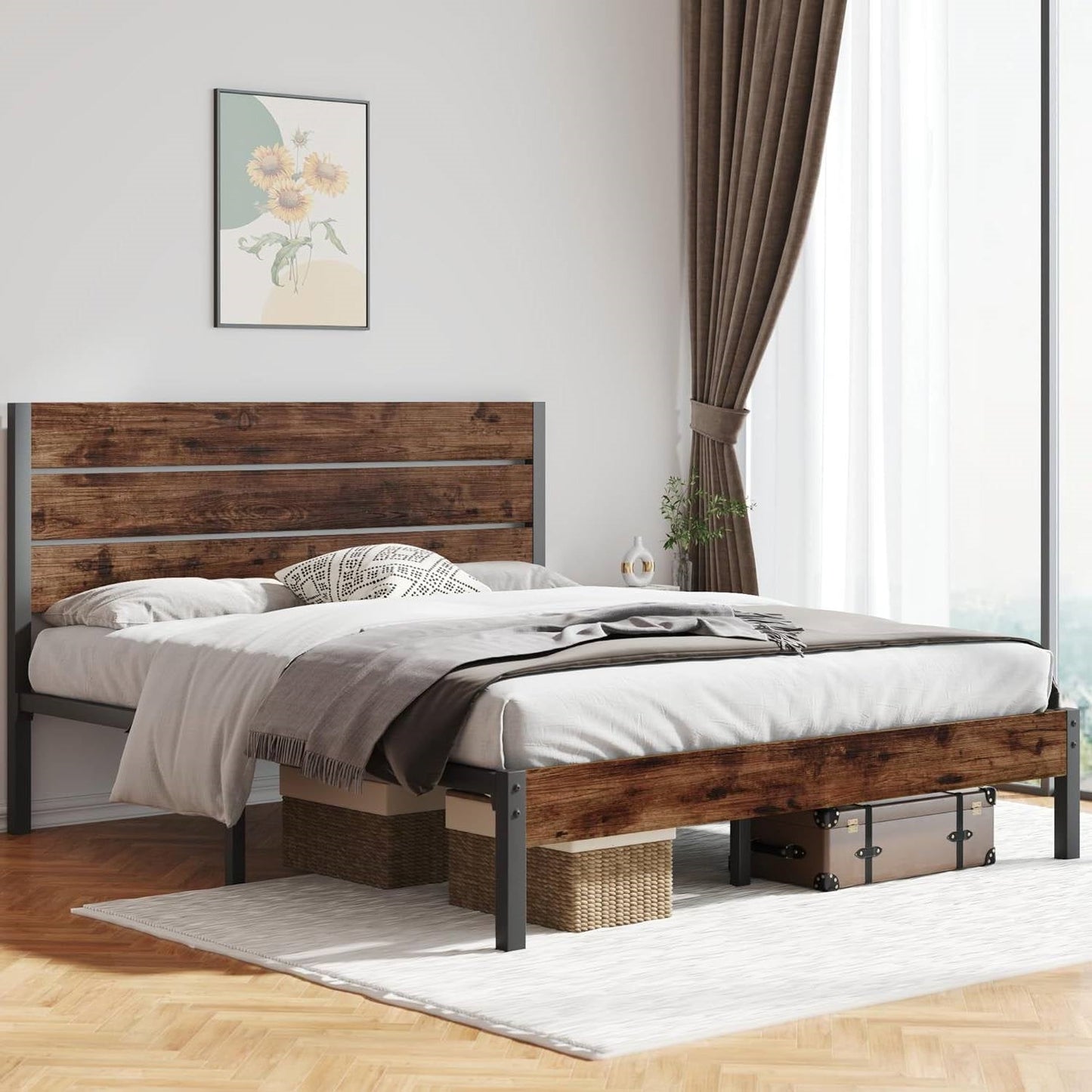Base de cama de plataforma Queen moderna de metal estilo casa de campo con cabecera de madera marrón