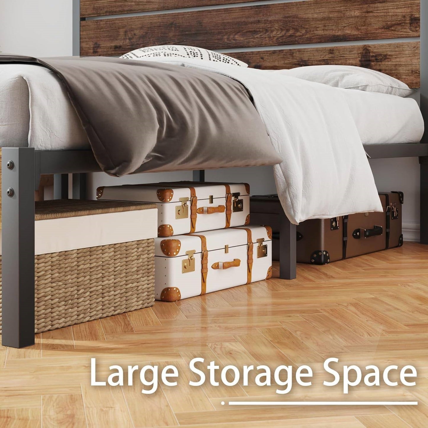 Base de cama de plataforma Queen moderna de metal estilo casa de campo con cabecera de madera marrón