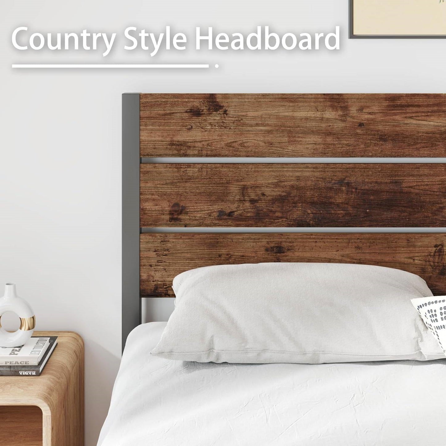 Base de cama de plataforma Queen moderna de metal estilo casa de campo con cabecera de madera marrón