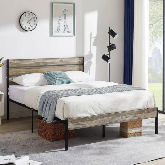Base de cama Queen de plataforma industrial rústica de madera y metal con cabecero