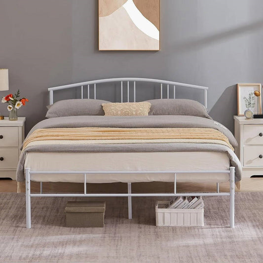 Base de cama con plataforma de metal blanca tamaño Queen con cabecero arqueado