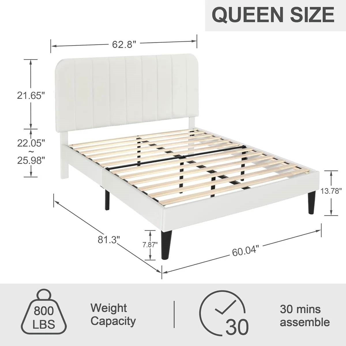 Base de cama tamaño Queen tapizada en blanco con cabecero