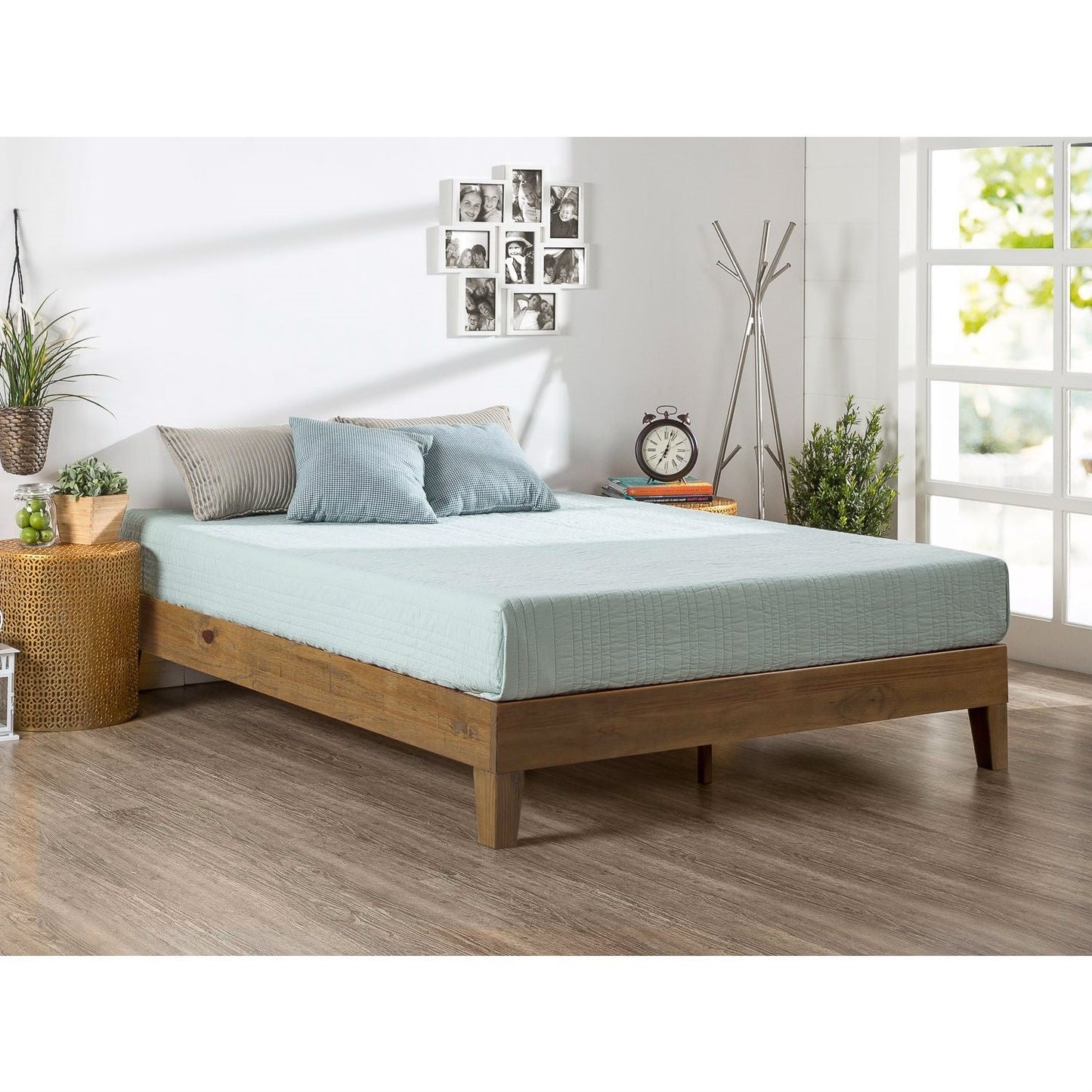 Base de cama moderna tipo plataforma tamaño queen de madera maciza con acabado de pino rústico