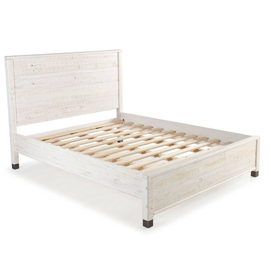 Base de Cama Plataforma de Madera Maciza Tamaño Queen con Cabecero en Acabado Blanco Rústico