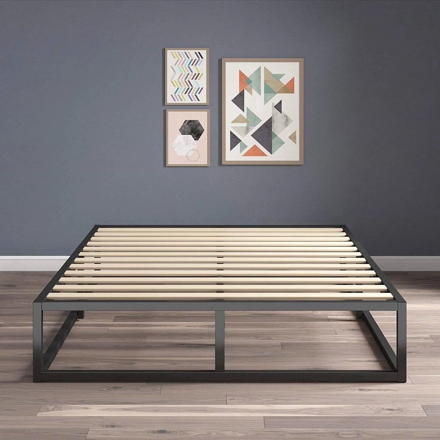 Base de cama tipo plataforma moderna de metal y madera con listones, tamaño Queen, perfil bajo de 10 pulgadas