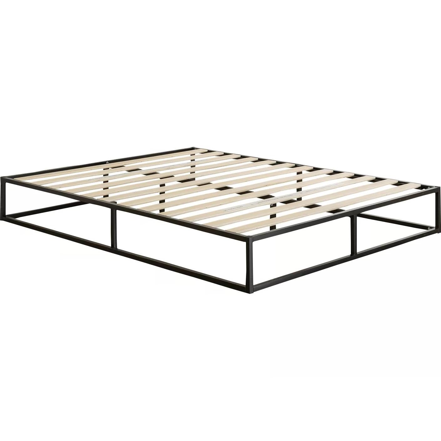 Base de cama tipo plataforma moderna de metal y madera con listones, tamaño Queen, perfil bajo de 10 pulgadas