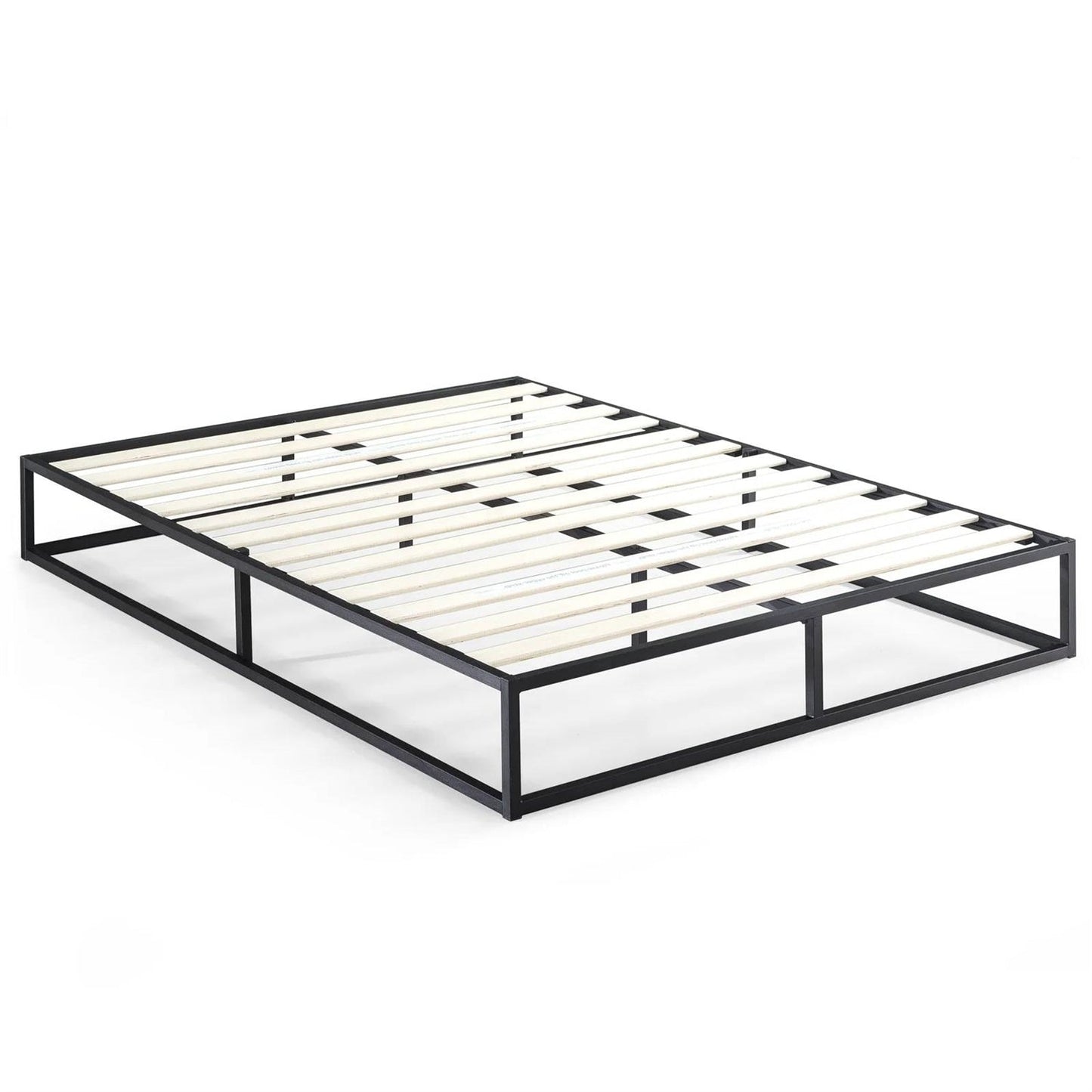Base de cama tipo plataforma moderna de metal y madera con listones, tamaño Queen, perfil bajo de 10 pulgadas