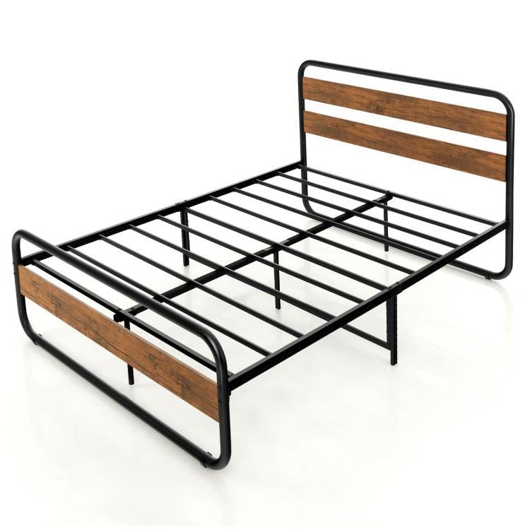 Cama Queen de plataforma industrial de madera y metal con cabecero y piecero