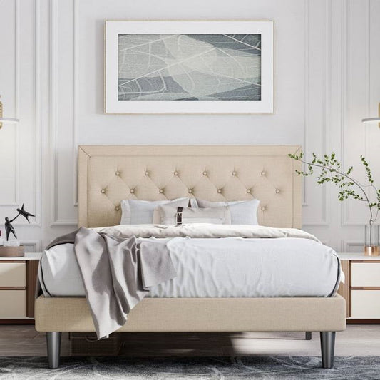 Base de cama tipo plataforma Queen de altura ajustable con cabecero tapizado beige