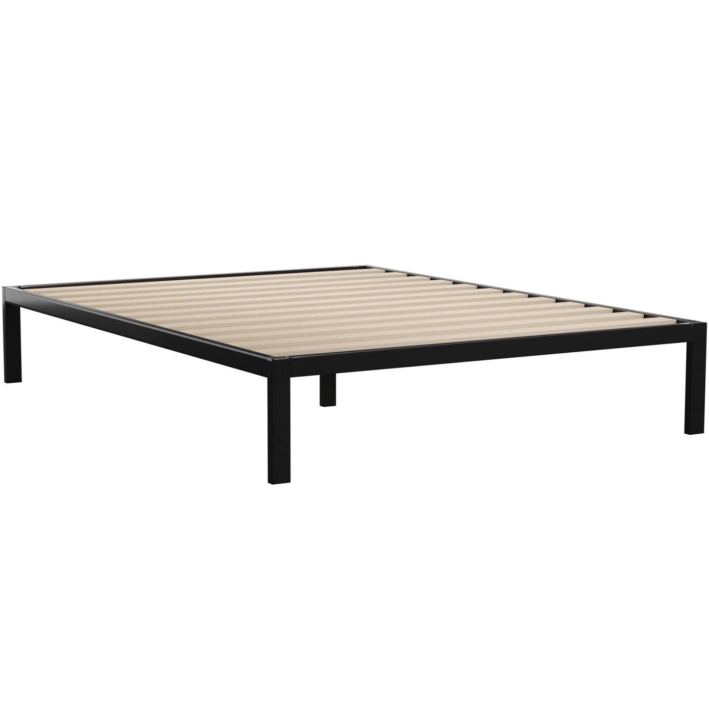 Base de cama Queen de metal negro con plataforma y listones de madera - 700 lb de capacidad de peso