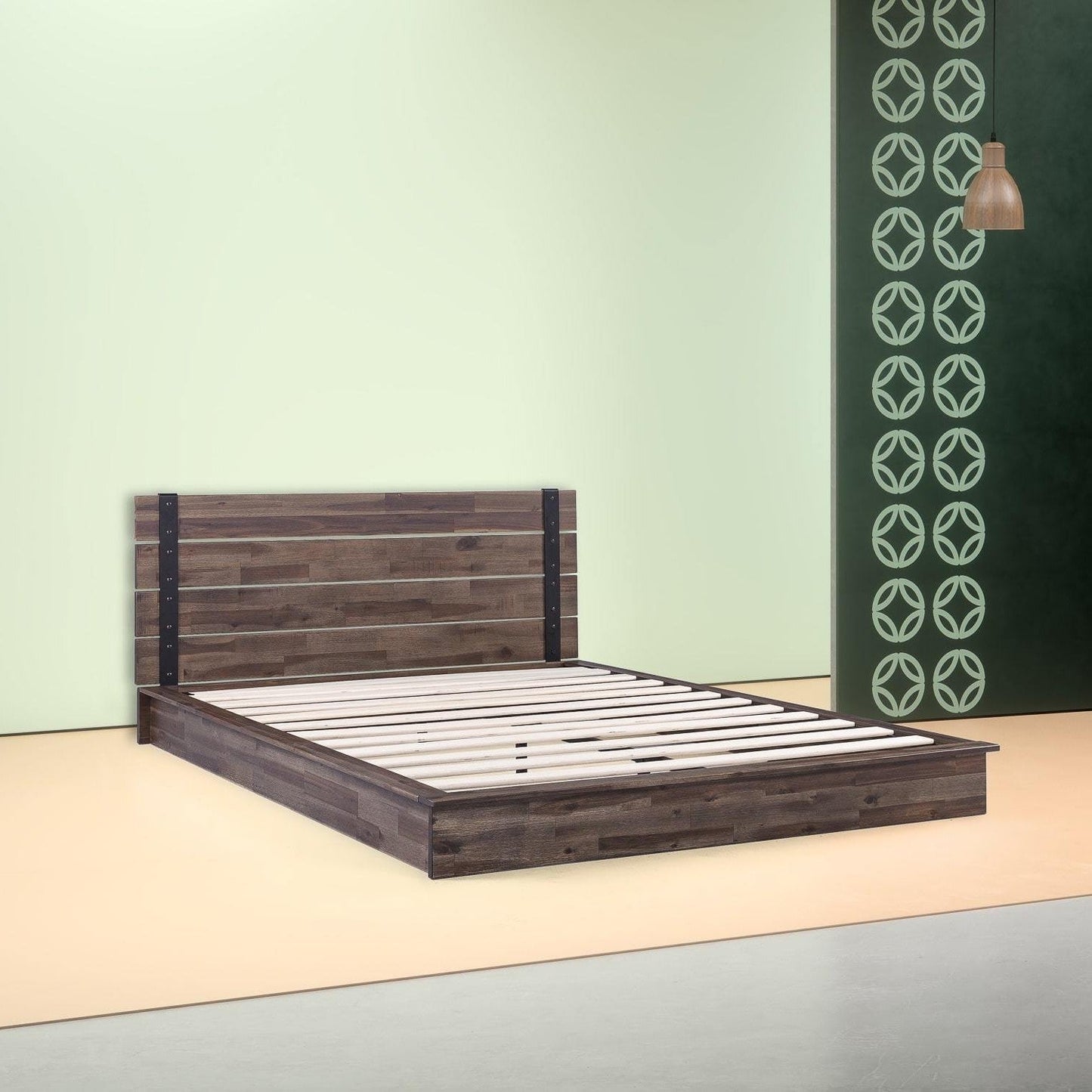 Estructura de cama de plataforma Queen size rústica industrial de madera de perfil bajo
