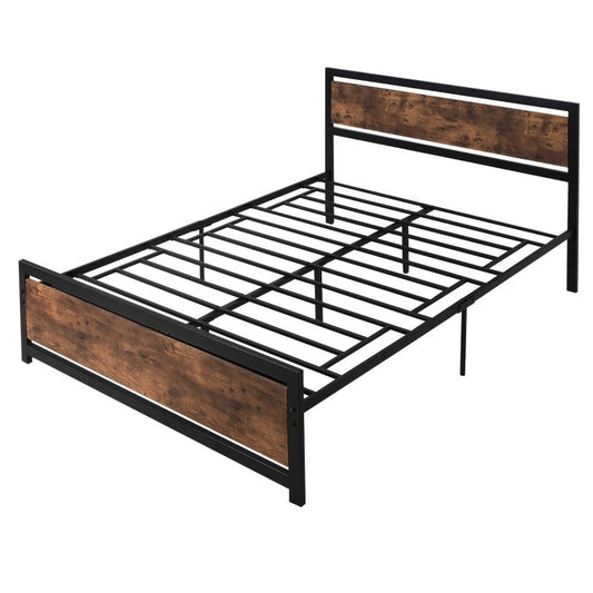 Cama Plataforma Queen Size de Metal y Madera Estilo Rústico con Cabecero y Piecero